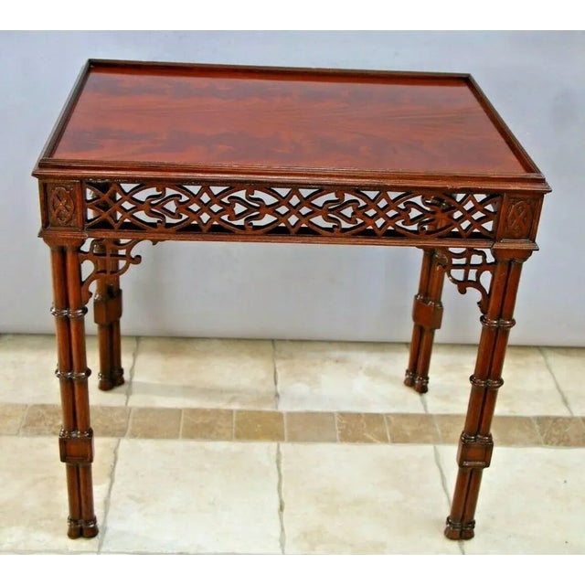 Victorian 1990s Vintage Williams Sonoma Coffee Table Flame Mahogany Top With Trellis Pierce Carved Style Apron For Sale - Image 3 of 10