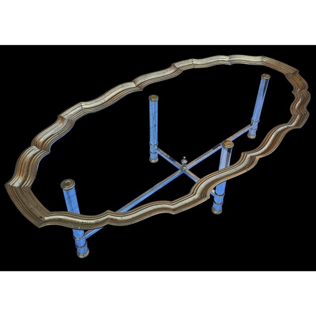 Hollywood Regency Vintage Scalloped Brass and Polished Steel Chrome Glass Top Cocktail Table For Sale - Image 3 of 8