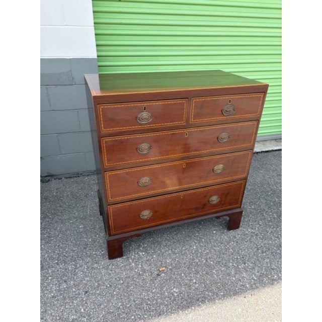 Brass English Antique Mahogany Five Chest of Drawer Satinwood Inlay on Bracket Feet. For Sale - Image 8 of 9