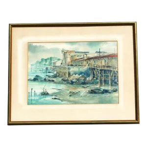 1970s John Yato Noted Ca Artist, Original Watercolor, Cannery Row, Framed