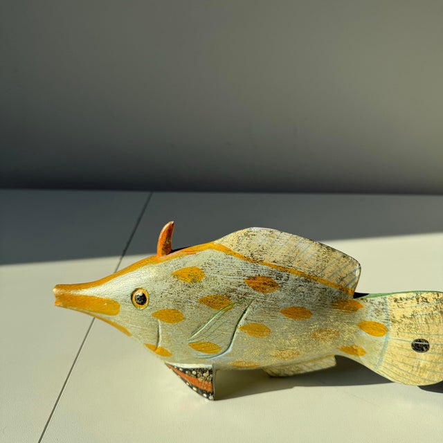 Blue Mid 20th Century Hand Painted Blue and Gold Brushed Wood Triggerfish Decoy For Sale - Image 8 of 8