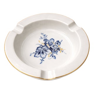 Vintage Porcelain Ashtray with Blue Floral Motif & Gold Rim from Meissen, 1970s For Sale