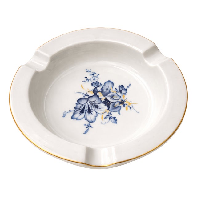 Vintage Porcelain Ashtray with Blue Floral Motif & Gold Rim from Meissen, 1970s For Sale