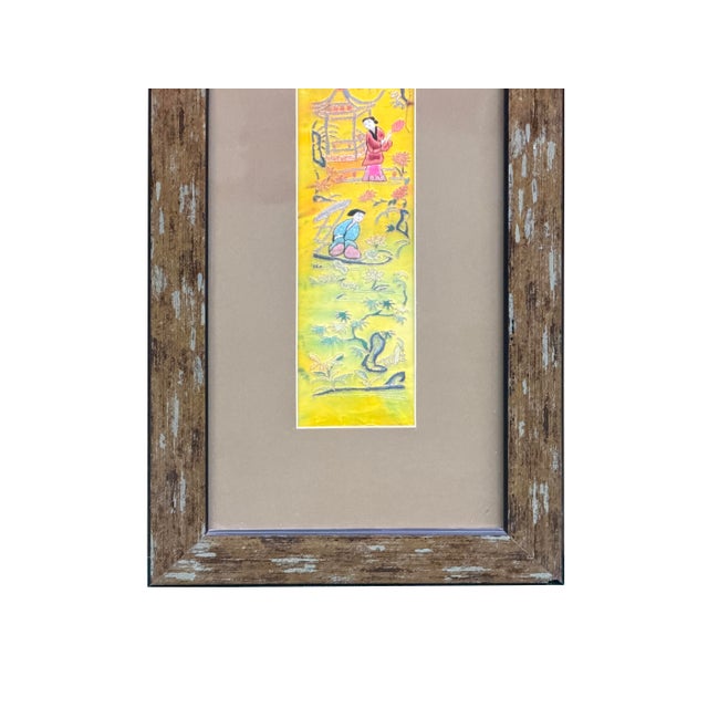 This exquisite vertical wall hanging features a vibrant silk embroidered panel set against a neutral matte, elegantly...