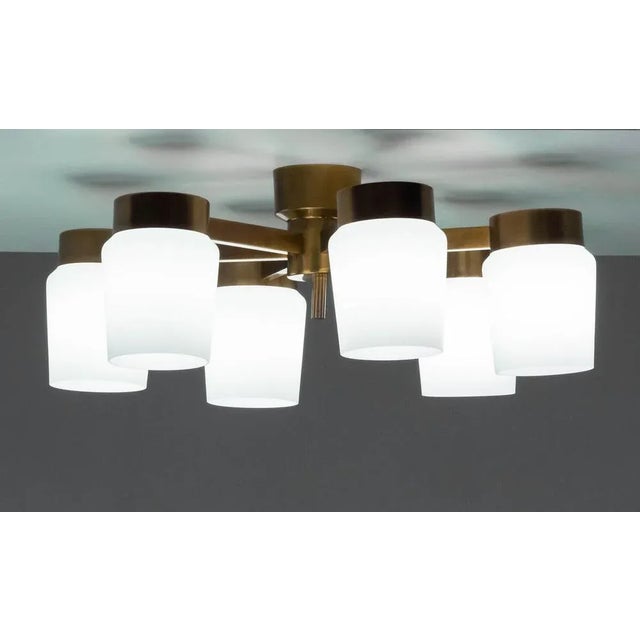 1960s Large Brass with Frosted Glass / Opaline Flush Mount attributed to Fagerhult, Sweden, 1960s For Sale - Image 5 of 6