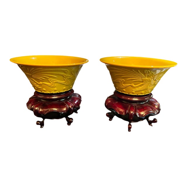 Early 20th Century Chinese Imperial Yellow Peking Glass Bowls on Stands - a Pair For Sale