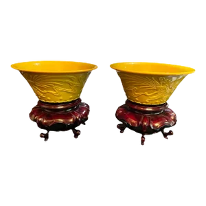 Early 20th Century Chinese Imperial Yellow Peking Glass Bowls on Stands - a Pair
