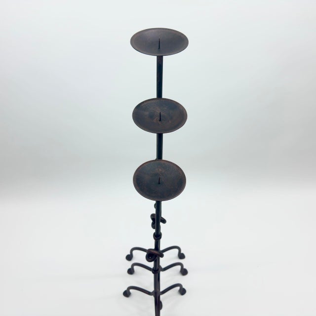 Hand Forged Iron Candelabra Set of 3 (82-101cm) Antique Copper Finish Knotted Stem with Arched Base For Sale - Image 4 of 6