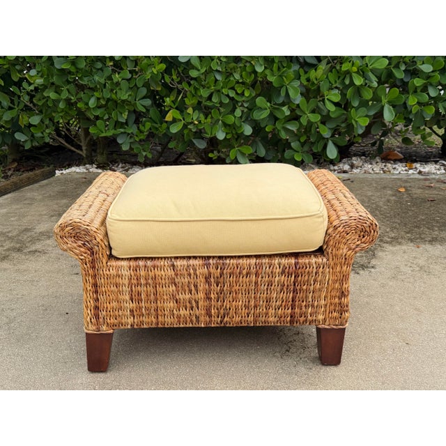 Contemporary Vintage Woven Banana Leaf Ottoman With Upholstered Cushion For Sale - Image 3 of 10
