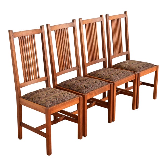 Stickley Mission Arts & Crafts Cherry Wood Spindle Back Dining Chairs, Set of Four For Sale