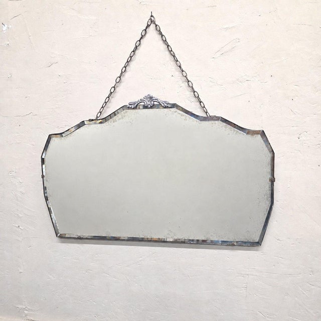 Art Deco Beveled Wall Mirror Chain Hung Foxed Glass Silver Crest 22 Inch For Sale - Image 11 of 11