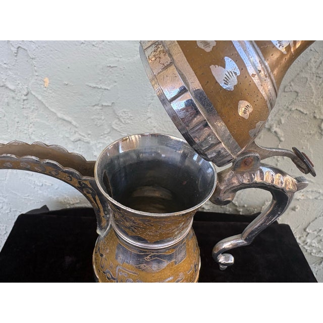 Vintage Middle Eastern Brass & Silver Overlay Dallah Coffee Pot With Engraved Arabic Script – 10.5” For Sale - Image 12 of 12