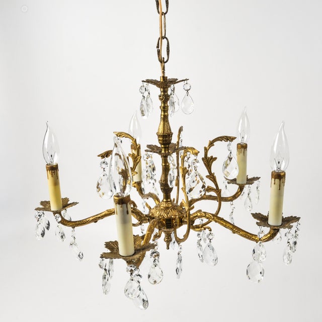 Metal Vintage Brass and Crystal Chandelier Petite 5 Arm Made in Spain For Sale - Image 7 of 13