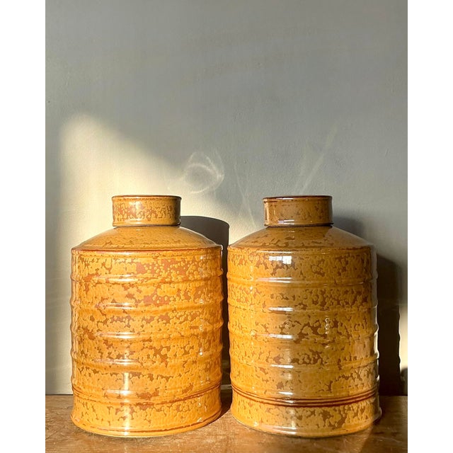 Ceramic Vintage Glazed Ceramic Ribbed Lidded Urns - A Pair For Sale - Image 7 of 12
