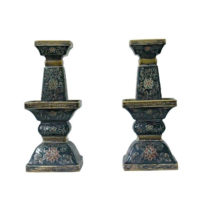 Ceramic Chinese Handmade Ceramic Square Motif Candle Holders Display - a Pair For Sale - Image 7 of 7