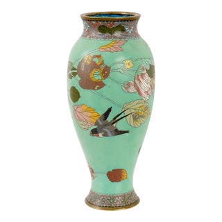Japanese Cloisonne Enamel Vase Meiji Period Green Ground Bird Floral For Sale