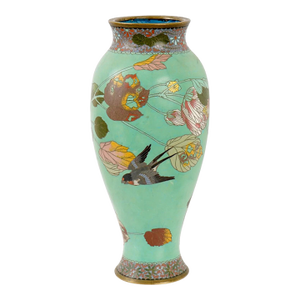 Japanese Cloisonne Enamel Vase Meiji Period Green Ground Bird Floral
