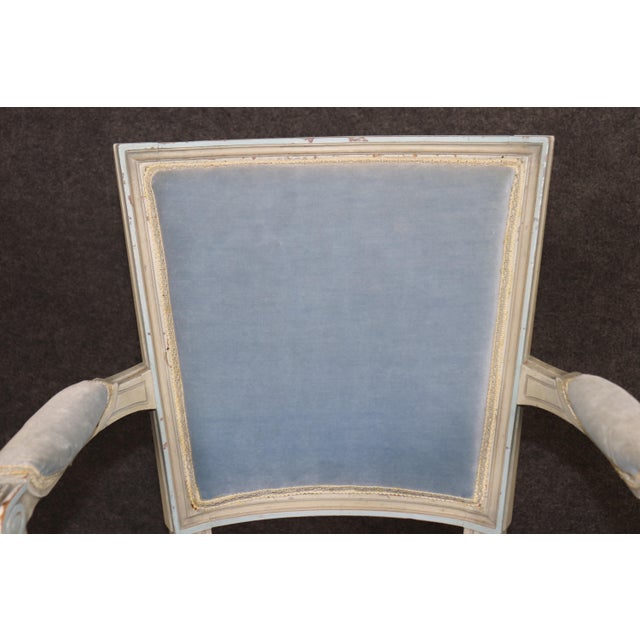 Pair of French Louis XVI Style Creme & Blue Paint Decorated Armchairs C. 1930's For Sale - Image 10 of 15