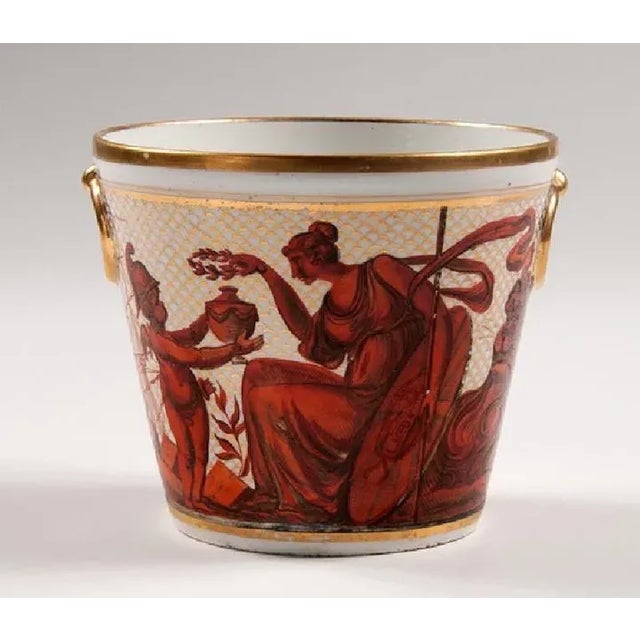 arge antique early 19th c. Coalport porcelain cache pot decorated with neoclassical scenes and drapery in bright red...