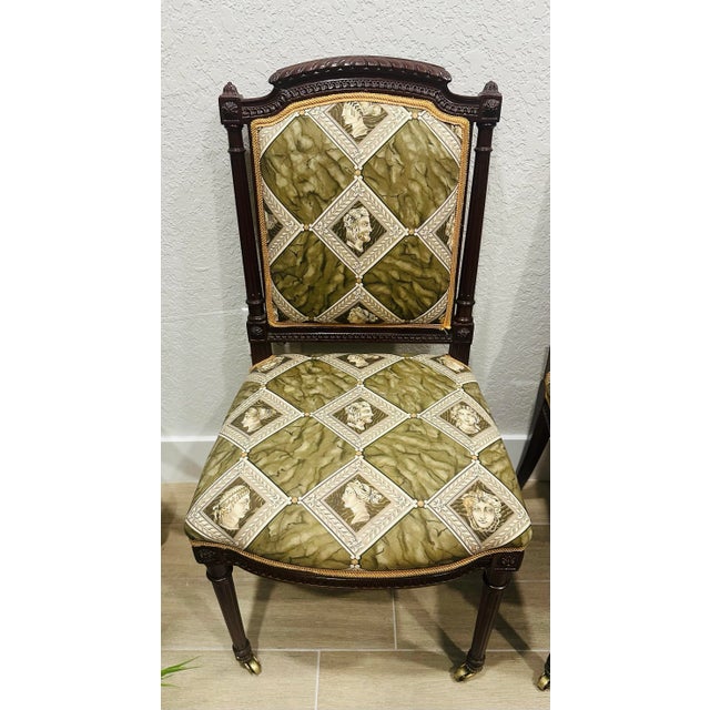 A Pair of Mid 20th Century French Louis XVI Style Accent Chairs With New Classic Upholstery Versace Style For Sale - Image 9 of 10