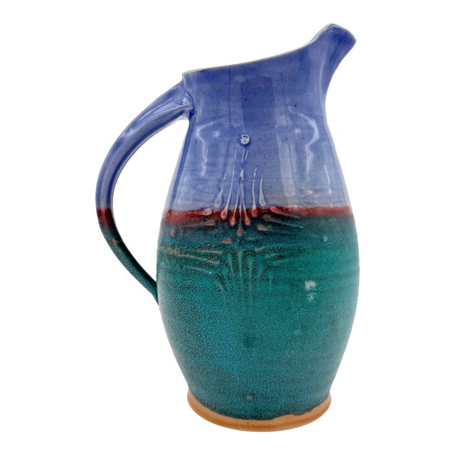 Vintage Studio Pottery Pitcher — Turquoise & Periwinkle Glaze, Hand-Thrown, 9.25” Tall For Sale