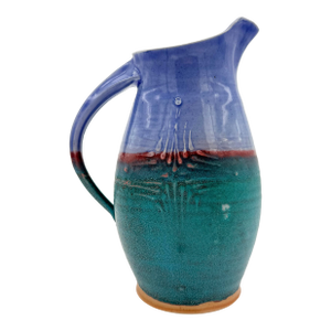 Vintage Studio Pottery Pitcher — Turquoise & Periwinkle Glaze, Hand-Thrown, 9.25” Tall