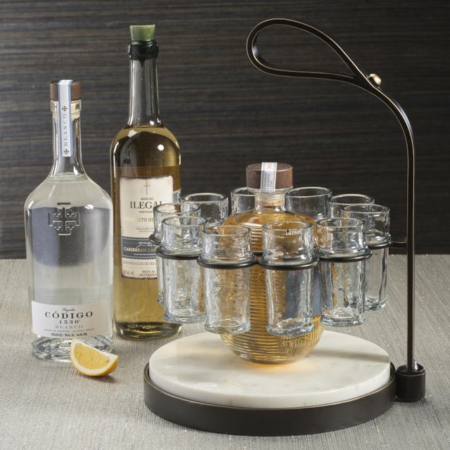 Tequilero 10-Piece Tequila Shot Set with Marble Cutting Board, Dark Bronze For Sale - Image 4 of 8