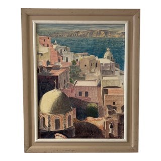 20th Century Modern American Artist L. V. Smith Encaustic Drawing on Massonite Signed Framed Titled Santorini For Sale
