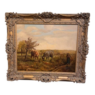 19th Century Oil on Canvas "Grazing Cattle" For Sale