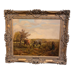 19th Century Oil on Canvas "Grazing Cattle"