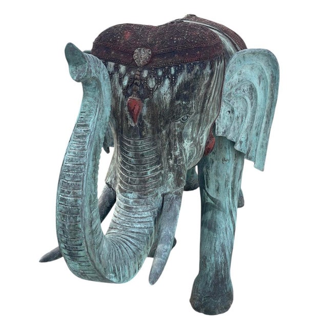 A Pair of Vintage Verdigris Bronze Patinated Elephant Garden Statuary For Sale - Image 9 of 12