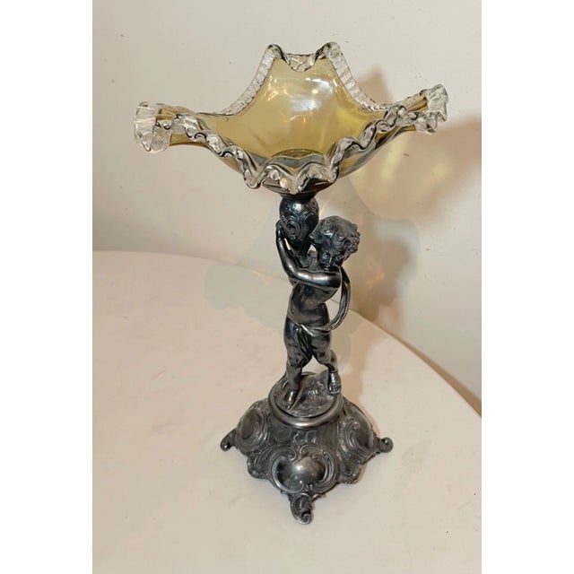 19th Century Antique Ornate Silverplate Cherub Figural Blown Glass Centerpiece Tazza Compote For Sale - Image 5 of 12