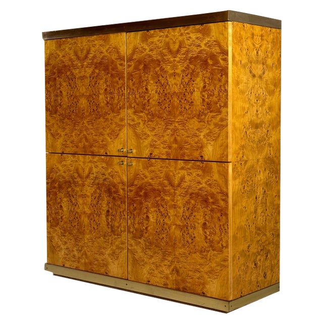 Exclusive Lacquered Burlwood and Brass Bar Cabinet, 1970s For Sale