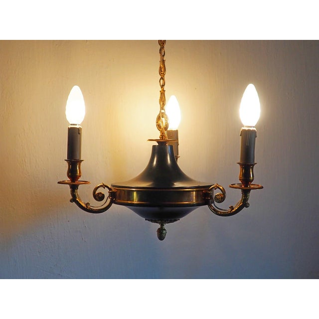 Gold Vintage French Empire 3-Arm Brass Dark Green Tole Chandelier, 1960s For Sale - Image 8 of 16