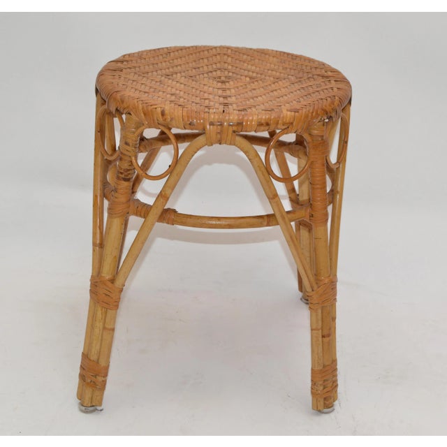 Boho Chic vintage handcrafted taupe bamboo with handwoven cane top stool.