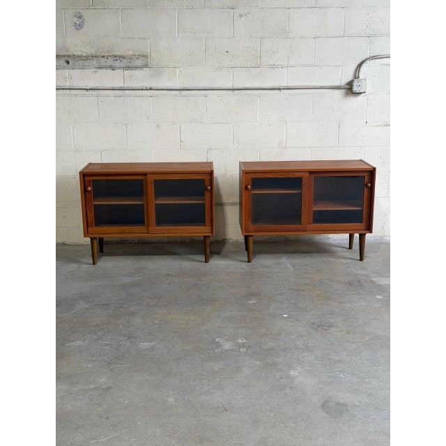 Mid 20th Century Pair of Danish Mid Century Modern Teak Glass Door Cabinets Display Credenzas Bookcases For Sale - Image 5 of 10