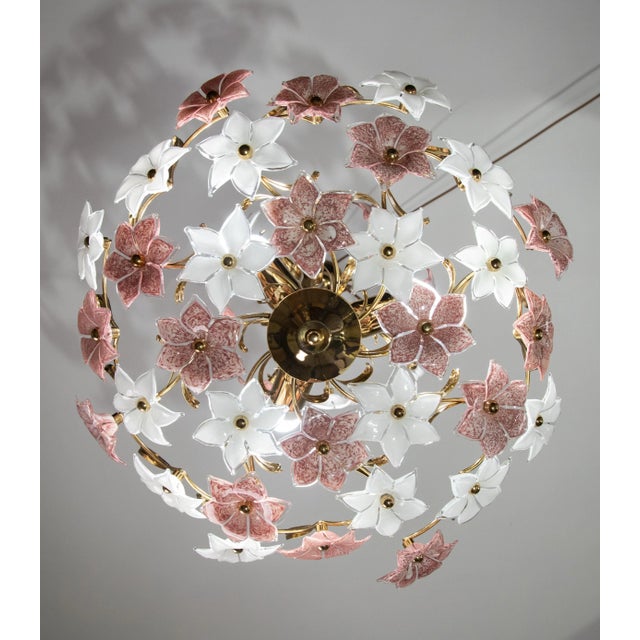 Italian Murano Chandelier with Pink and White Flowers, 1980s For Sale - Image 3 of 12