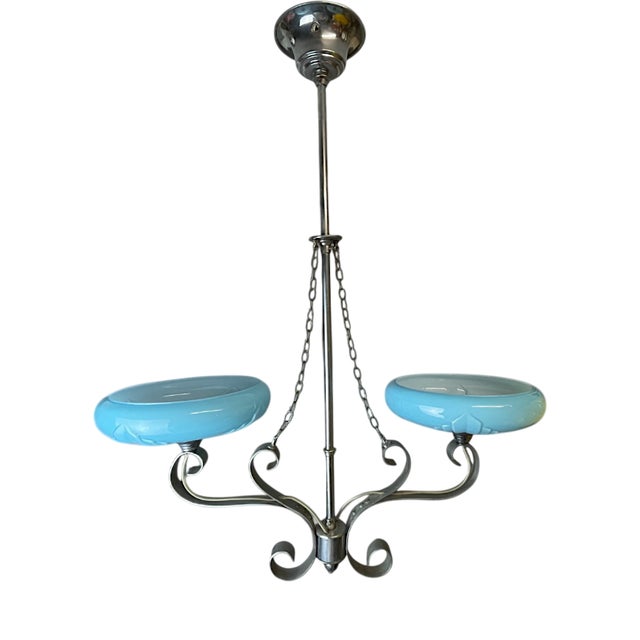 Art Deco Chandelier with Two Opaline Blue Glass Shades, 1940s For Sale