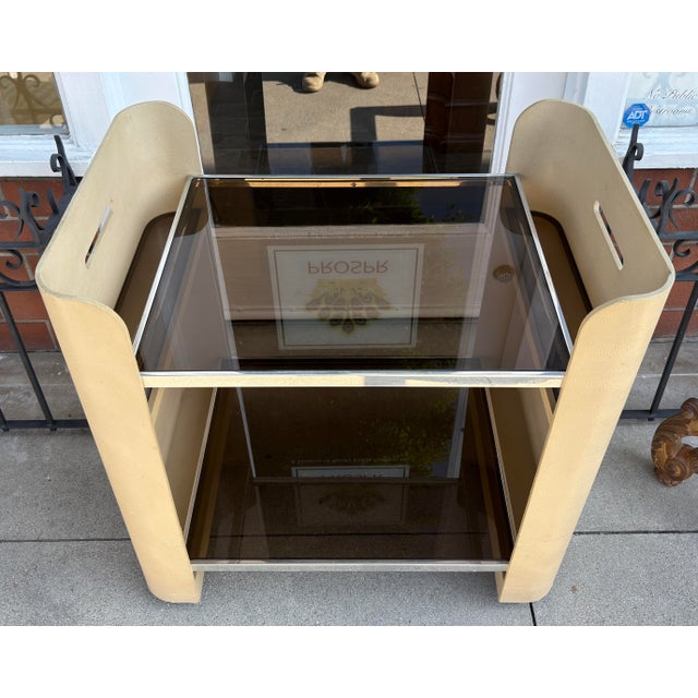 1980s 1980s Karl Springer Style Lizard Skin Leather Class Cocktail Bar Cart For Sale - Image 5 of 11