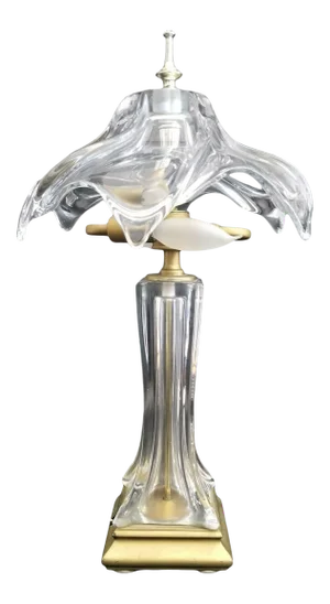 1970's Cofrac Art Verrier Hand Blown Heavy Crystal and Brass Petite Table Lamp