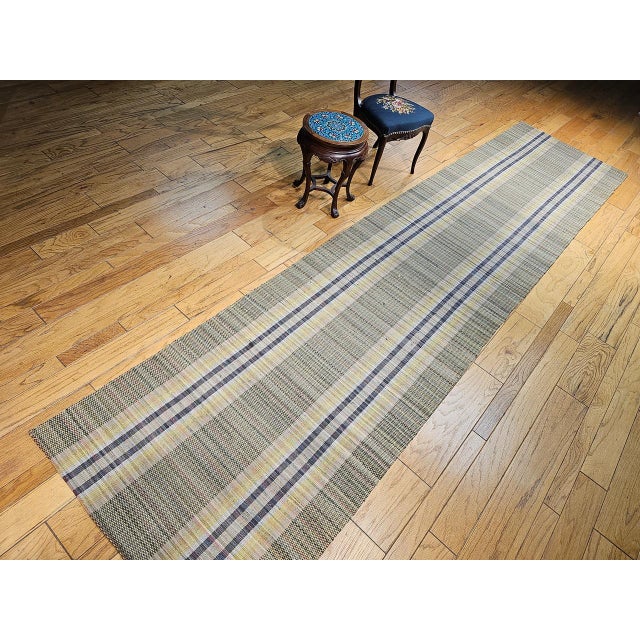 Early 20th Century Vintage American Amish Rag Runner, Handwoven Stripe Pattern, Green & Yellow, 3x16 For Sale - Image 5 of 14