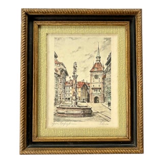 Vintage Hand-Colored Etching of Bern Old City, Switzerland | Zytglogge Clock Tower & Pfeiferbrunnen | Signed Klein For Sale