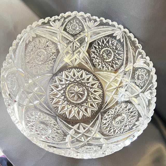 Glass Antique American Brilliant Cut Crystal Bowl Hobstar Starburst 9” For Sale - Image 7 of 12