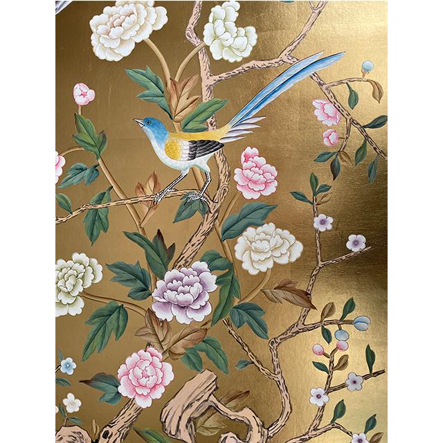 Chinoiserie Gold Leaf Chinoiserie Hand-Painted Wall Panels With Birds, Peonies & Dachshund (Set of 3) For Sale - Image 3 of 6