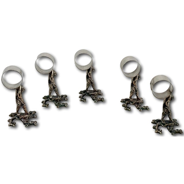 Outstanding Orig. Set of 5 Large Antique Victorian Sheffield England Silverplate Figurative Putti Napkin Rings Circa 1900 For Sale - Image 18 of 18