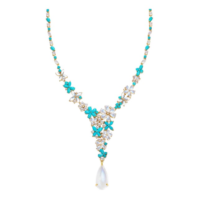 Nina Zhou Symphony Turquoise Moonstone Diamond Necklace in 14k Yellow Gold For Sale