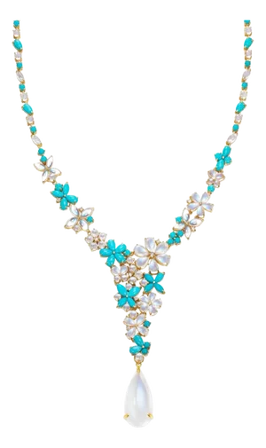 Nina Zhou Symphony Turquoise Moonstone Diamond Necklace in 14k Yellow Gold