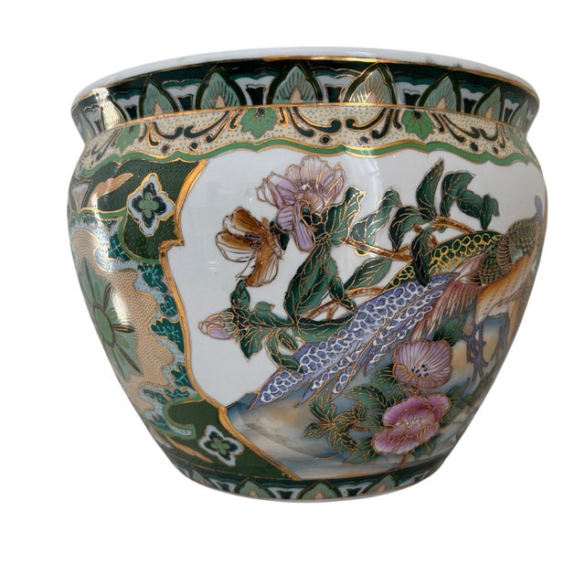 Chinoiserie Vintage Chinese Green White Bird Motif Fish Bowl Porcelain Planter Garden Pot For Sale - Image 3 of 10