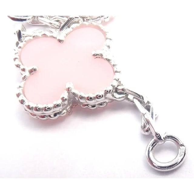 Late 20th Century Van Cleef & Arpels Pink Opal Vintage Alhambra Five Motif White Gold Bracelet For Sale - Image 9 of 14