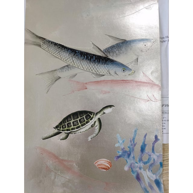 Chinoiserie Silver Leaf Chinoiserie Hand-Painted Underwater Ocean Mural (Set of 4) For Sale - Image 3 of 5